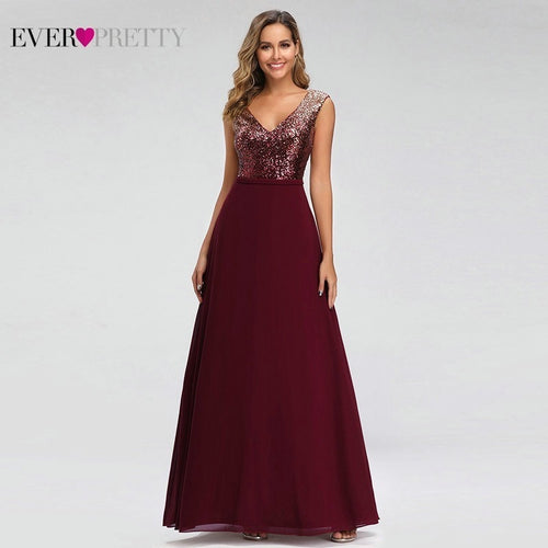 Sparkle Evening Dresses Long Ever Pretty EP00962BD Sequined A-Line V-Neck Sleeveless Burgundy Formal Dresses Robe De Soiree 2020