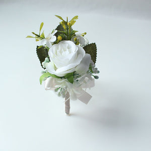 Wedding Decor Babysbreath White Wrist Flower and Corsage Groom Boutonnieres Bride Wrist Corsage Wedding White Rose Peony Bouquet