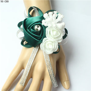 YO CHO Wrist Corsage Bridesmaid Sisters Hand Flowers Silk Artificial Bride Flowers White Wedding Dancing Party Decor Bridal Prom