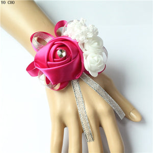 YO CHO Wrist Corsage Bridesmaid Sisters Hand Flowers Silk Artificial Bride Flowers White Wedding Dancing Party Decor Bridal Prom