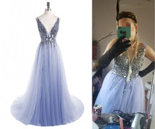 Load image into Gallery viewer, V Neck Sparkly Prom Dresses 2019 Backless Evening Party Dress Elegant Sexy See Through High Split Vestido de Festa Real Photo