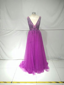 V Neck Sparkly Prom Dresses 2019 Backless Evening Party Dress Elegant Sexy See Through High Split Vestido de Festa Real Photo
