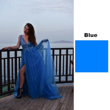 Load image into Gallery viewer, V Neck Sparkly Prom Dresses 2019 Backless Evening Party Dress Elegant Sexy See Through High Split Vestido de Festa Real Photo