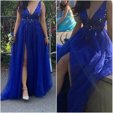 Load image into Gallery viewer, V Neck Sparkly Prom Dresses 2019 Backless Evening Party Dress Elegant Sexy See Through High Split Vestido de Festa Real Photo