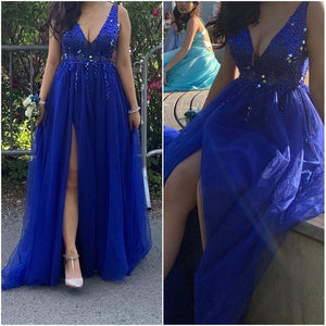 V Neck Sparkly Prom Dresses 2019 Backless Evening Party Dress Elegant Sexy See Through High Split Vestido de Festa Real Photo