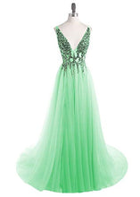 Load image into Gallery viewer, V Neck Sparkly Prom Dresses 2019 Backless Evening Party Dress Elegant Sexy See Through High Split Vestido de Festa Real Photo