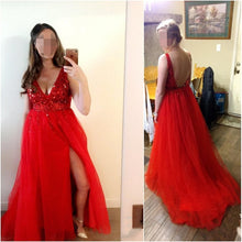 Load image into Gallery viewer, V Neck Sparkly Prom Dresses 2019 Backless Evening Party Dress Elegant Sexy See Through High Split Vestido de Festa Real Photo