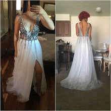 Load image into Gallery viewer, V Neck Sparkly Prom Dresses 2019 Backless Evening Party Dress Elegant Sexy See Through High Split Vestido de Festa Real Photo
