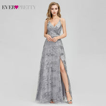 Load image into Gallery viewer, Ever Pretty Grey Sequined Evening Dresses Long V-Neck Side Split Sexy Sparkle Formal Party Gowns EP07957GY Abiye Gece Elbisesi