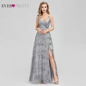 Ever Pretty Grey Sequined Evening Dresses Long V-Neck Side Split Sexy Sparkle Formal Party Gowns EP07957GY Abiye Gece Elbisesi