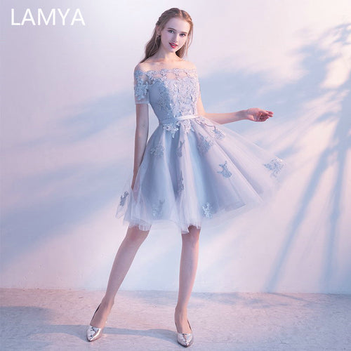 LAMYA Short Lace Sleeve Prom Dresses Boat Neck Evening Party Dress 2019 Elegant Plus Size Formal Gown vestido de festa