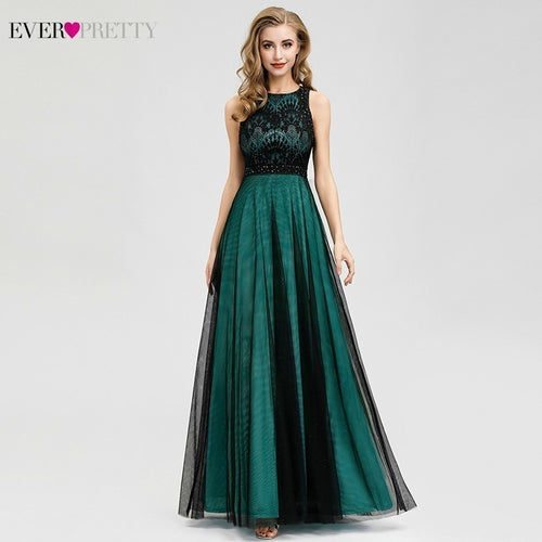 Elegant Dark Green Evening Dresses Long Ever Pretty EZ07965 A-Line Contrast Color Embroidery Lace Formal Dresses Robe De Soiree