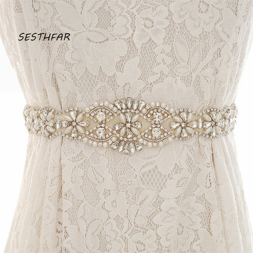 Pearls Wedding Belt Crystal Bridal Sash Sliver Rhinestones satin Bridal Belt For wedding dress accessories J130