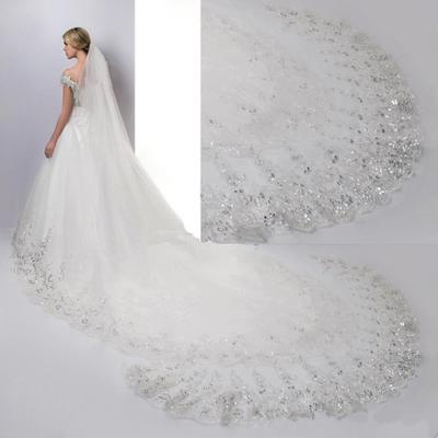 Hot Sale Lace Bridal Veil With Sequins Long Tulle Wedding Accessoryes 4 Meters Long