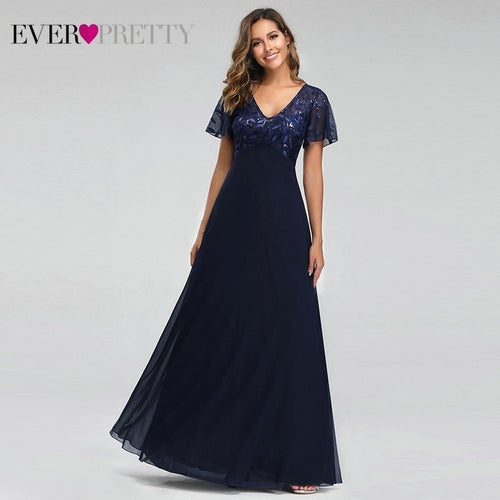 Evening Dresses Long Ever Pretty EZ07706 Elegant Navy Blue A-line Short Sleeve Chiffon Lace Embroidery Party Gowns for Wedding