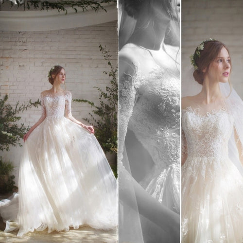 Simple  2020 Tulle Wedding Dresses Plus size Beach Garden Bride Gown Lace Three Quarter Sleeve O-Neck Vestido De Noiva SF71