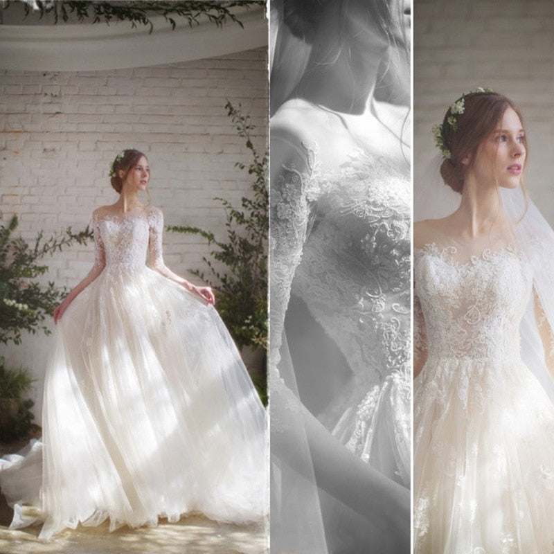 Simple  2020 Tulle Wedding Dresses Plus size Beach Garden Bride Gown Lace Three Quarter Sleeve O-Neck Vestido De Noiva SF71