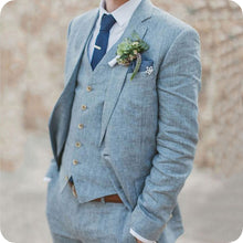 Load image into Gallery viewer, Light Blue Wedding Men Suits Slim Fit Linen Tuxedos Groom Wear Terno 3 Pieces(Jacket+Pants+Vest) Bridegroom Blazer Costume Homme