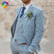 Load image into Gallery viewer, Light Blue Wedding Men Suits Slim Fit Linen Tuxedos Groom Wear Terno 3 Pieces(Jacket+Pants+Vest) Bridegroom Blazer Costume Homme