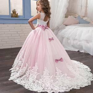 Long trailing lace flower dress girls evening wedding birthday girls dress first communion princess costume bridesmaid dresss