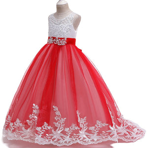 Long trailing lace flower dress girls evening wedding birthday girls dress first communion princess costume bridesmaid dresss