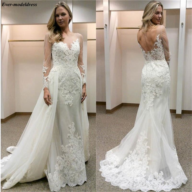 Romantic Long Sleeves Mermaid Wedding Dresses Sheer Scoop Illusion Appliques Backless Garden Bridal Gowns With Detachable Train