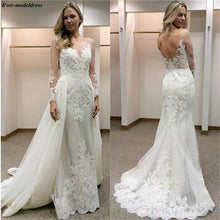 Load image into Gallery viewer, Romantic Long Sleeves Mermaid Wedding Dresses Sheer Scoop Illusion Appliques Backless Garden Bridal Gowns With Detachable Train