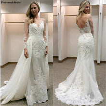 Load image into Gallery viewer, Romantic Long Sleeves Mermaid Wedding Dresses Sheer Scoop Illusion Appliques Backless Garden Bridal Gowns With Detachable Train