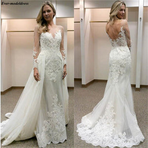 Romantic Long Sleeves Mermaid Wedding Dresses Sheer Scoop Illusion Appliques Backless Garden Bridal Gowns With Detachable Train