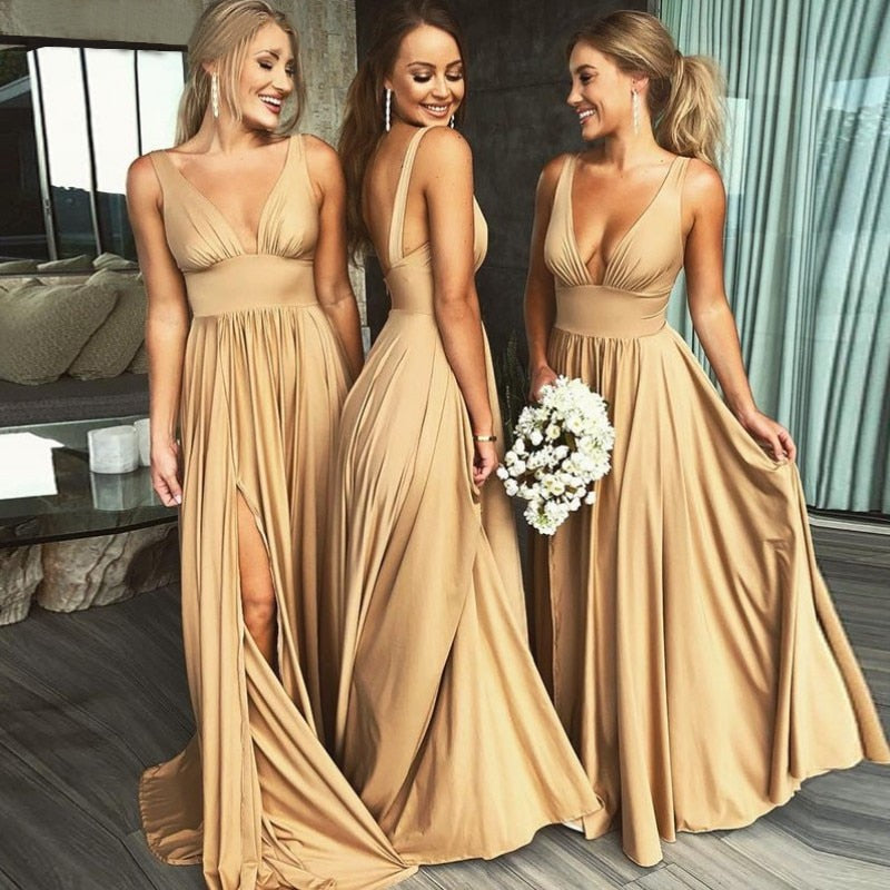 Champagne Gold Long Split Bridemaid Dresses 2019 Backless Sexy Stretch Satin Wedding Party Dress vestido madrinha
