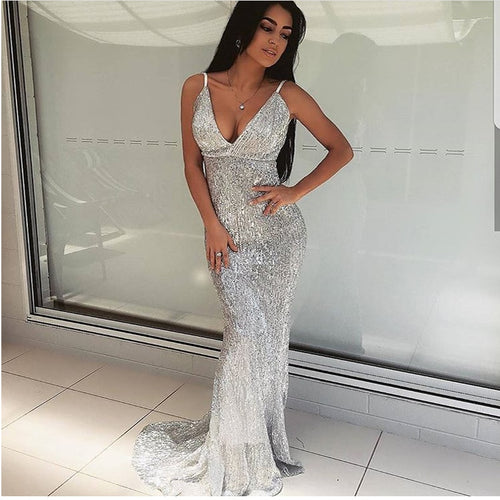 Deep V Neck Silver Sequined bridesmaid dress maxi gown sleeveless backless floor length mermaid dress
