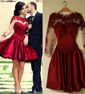 Long Sleeves Graduation Dresses 2020 Short A-Line Lace Appliques Sheer Button Back Mini Homecoming Dresses Prom Party Gowns