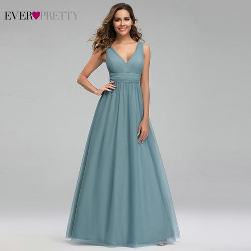Elegant Dusty Blue Bridesmaid Dresses Ever Pretty EP00925DB A-Line V-Neck Tulle Sexy Wedding Guest Dresses Sukienka Wesele 2020