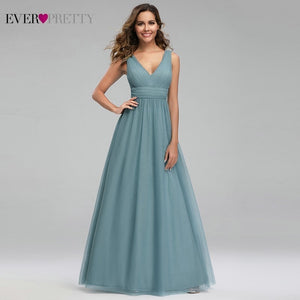 Elegant Dusty Blue Bridesmaid Dresses Ever Pretty EP00925DB A-Line V-Neck Tulle Sexy Wedding Guest Dresses Sukienka Wesele 2020