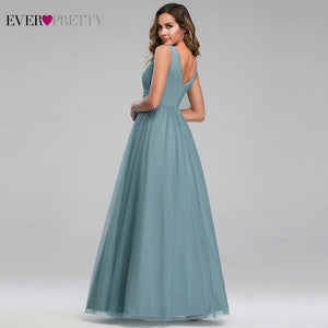 Elegant Dusty Blue Bridesmaid Dresses Ever Pretty EP00925DB A-Line V-Neck Tulle Sexy Wedding Guest Dresses Sukienka Wesele 2020