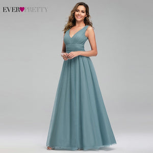Elegant Dusty Blue Bridesmaid Dresses Ever Pretty EP00925DB A-Line V-Neck Tulle Sexy Wedding Guest Dresses Sukienka Wesele 2020