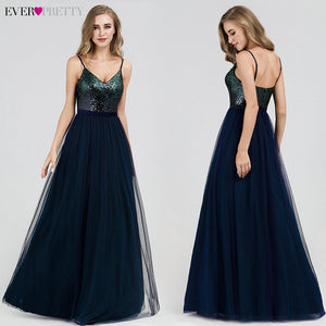 Sexy Evening Dresses Ever Pretty EP07392NB Sequined A-Line V-Neck Navy Blue Long Formal Dresses 2020 Robe De Soiree Paillette