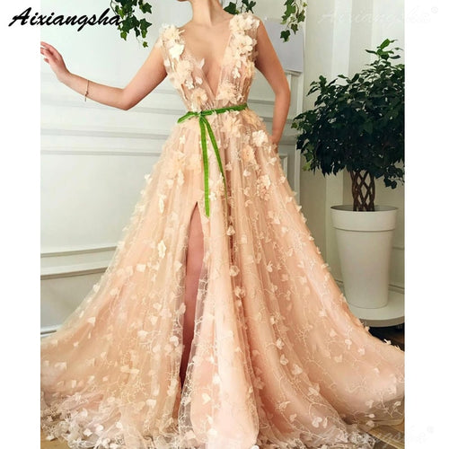 Pink Formal Dress Party 2019 Flowers Lace Sexy Prom Gown High Slit V-Neck Islamic Dubai Saudi Arabic Long Dresses Evening