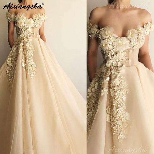Champagne Muslim Evening Dresses 2019 Off Shoulder Flowers Lace Islamic Dubai Kaftan Saudi Arabic Long Evening Gown Prom Dress