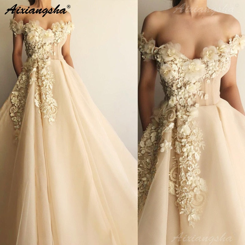Champagne Muslim Evening Dresses 2019 Off Shoulder Flowers Lace Islamic Dubai Kaftan Saudi Arabic Long Evening Gown Prom Dress