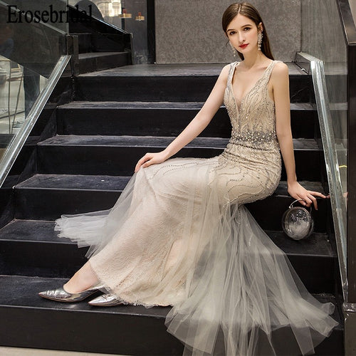 Mermaid Evening Dress Long 2019 Beaded Lace Formal Dresses Evening Gown for Women Elegant V Neck/Back 7 Colors robe soiree