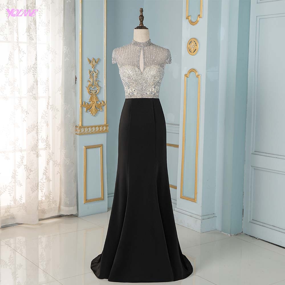 Black Crystals Mermaid Evening Dresses Long Cap Sleeve Formal Evening Gown YQLNNE