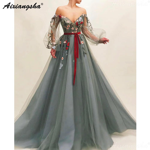 Gray Muslim Evening Dress 2020 Off Shoulder Embroidery Tulle Islamic Dubai Kaftan Saudi Arabic Long Sleeves Evening Gown Prom