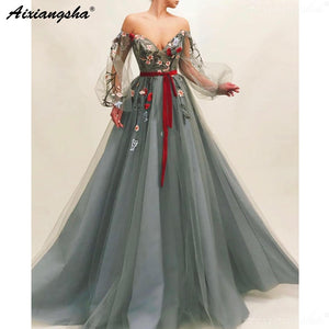 Gray Muslim Evening Dress 2020 Off Shoulder Embroidery Tulle Islamic Dubai Kaftan Saudi Arabic Long Sleeves Evening Gown Prom