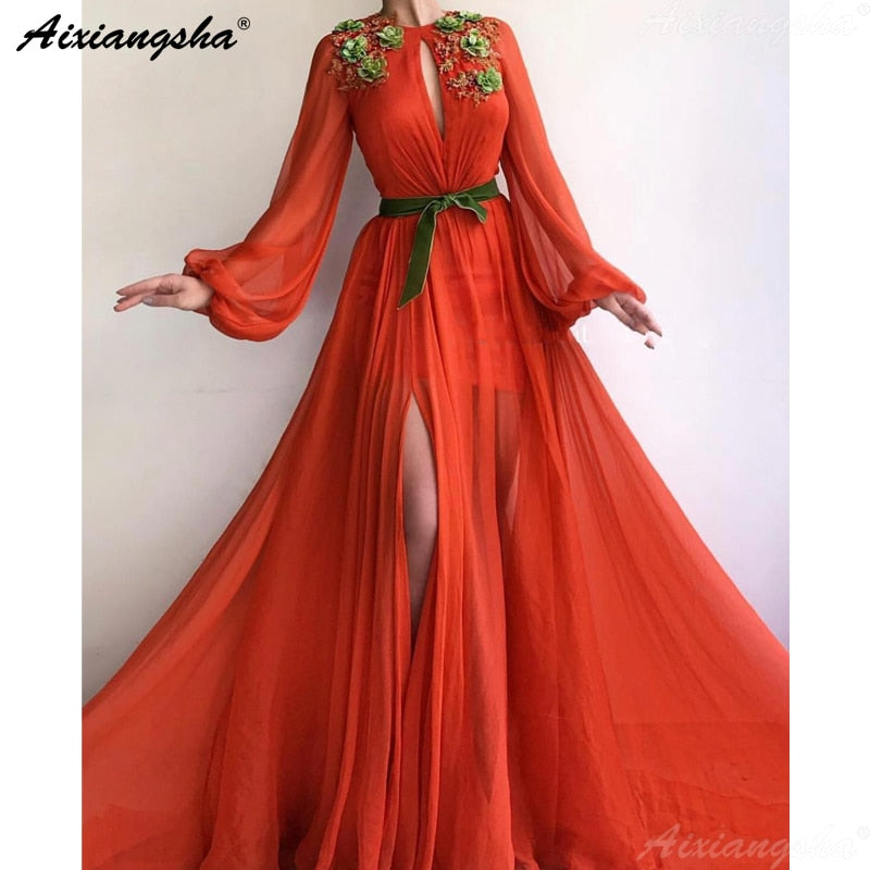 Muslim Evening Dresses 2020 Flowers Lace High Slit Chiffon Islamic Dubai Kaftan Saudi Arabic Long Sleeve Evening Gown Prom Dress
