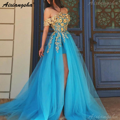 Blue Muslim Evening Dresses 2020 Lace Off the Shoulder High Slit Tulle Islamic Dubai Kaftan Saudi Arabic Long Evening Gown Prom