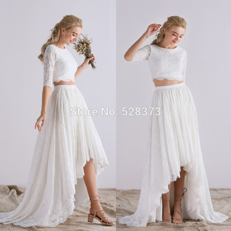 YNQNFS W33 Real Pictures 1/2 Sleeves Two Piece Short Front Long Back Lace Boho Wedding Dress Beach 2020 Light Bridal Party Gowns
