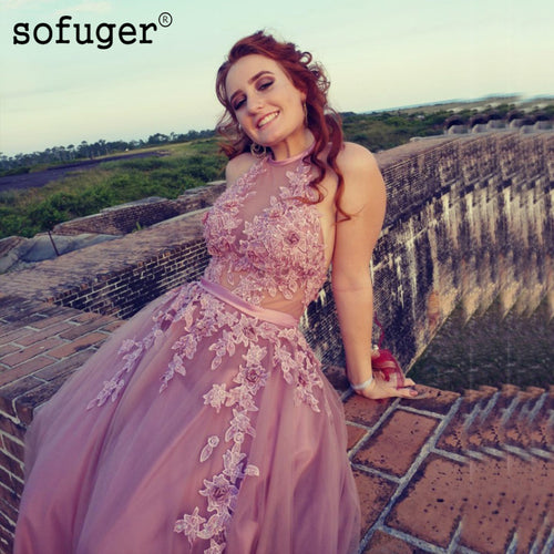 Dark Pink Cool Sofuge Evening Dresses Lace Up Back Appliques Halter Tulle Arabic Muslim Special Occasion Formal Party Gown