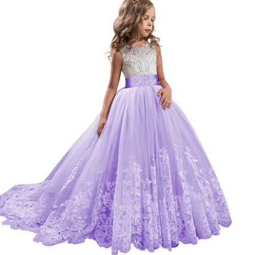 Long trailing lace flower dress girls evening wedding birthday girls dress first communion princess costume bridesmaid dresss