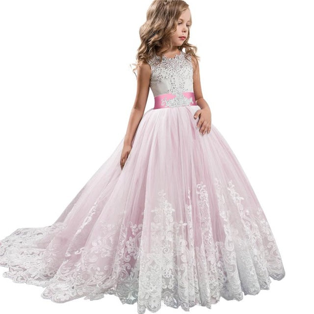 Long trailing lace flower dress girls evening wedding birthday girls dress first communion princess costume bridesmaid dresss